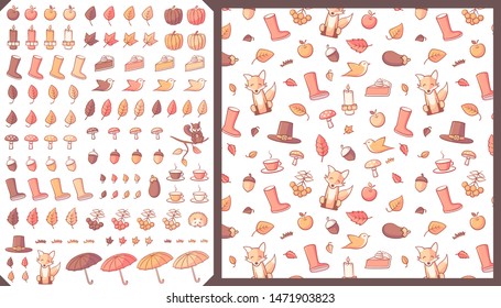 Collection of autumn related objects such as leaves, pumpkins, umbrellas, acorns and mushrooms. A seamless pattern swatch is also included in the vector file.