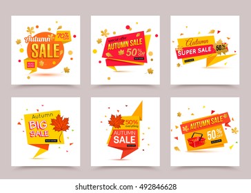 Collection of autumn sale banner template. Vector illustrations.