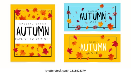 Collection of autumn sale cards.Graphic Design for banner, poster, card, cover, invitation, brochure, flyer.