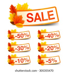 Collection of autumn sale discount tags with color leaves