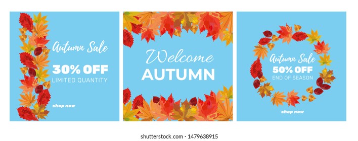 Collection of autumn sale and other typography banner template. Bright fall leaves. Great for sale poster, card, label, design. Vector illustration set.