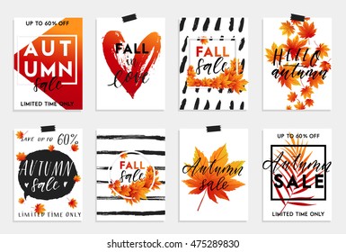 Collection of autumn sale and other typography flyer template with lettering. Bright fall leaves. Poster, card, label, banner design set. Vector illustration EPS10