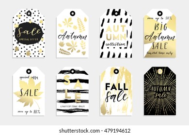 Collection of autumn sale and other typography tag template with hand drawn lettering. Bright fall leaves. Tag, card, label, banner design set. Vector illustration EPS10