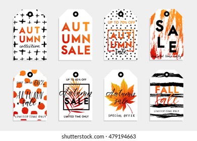 Collection of autumn sale and other typography tag template with hand drawn lettering. Bright fall leaves. Tag, card, label, banner design set. Vector illustration EPS10