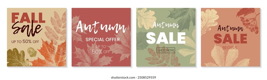 Colección de Plantillas de promoción de venta de otoño con hojas de otoño. Ilustraciones vectoriales con efecto de fotocopia granulada para volantes, Anuncios, redes sociales.