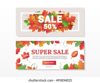 Collection of autumn sale sign banner. Bright autumn leaves for sale. Poster, cards, labels, banners  web. Vector illustration EPS 10
