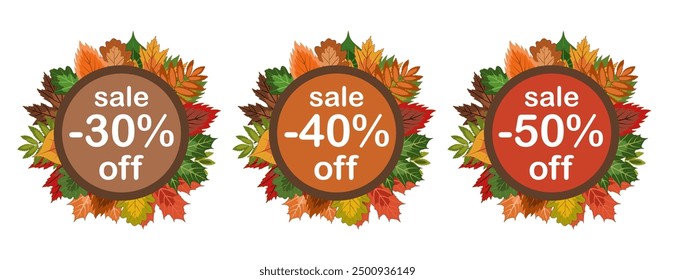 collection of autumn sale stickers with a wreath of fallen leaves in muted tones, vector illustration for seasonal autumn discounts