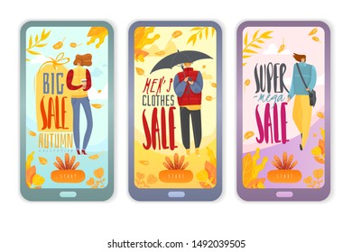 collection of autumn sale vertical banners with people dressed in autumn isolated objects