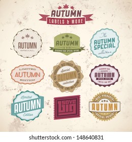 Collection of autumn sales related vintage labels on textured background