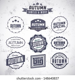 Collection of autumn sales related vintage labels on textured background