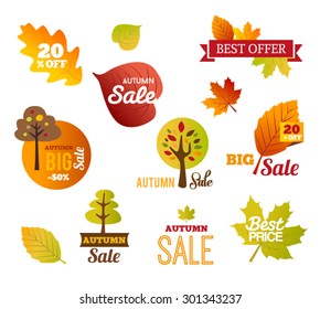 Collection of autumn sales stickers - badges with leaves and trees. Can be used fr web or print.