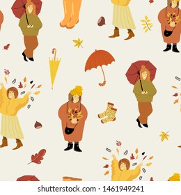 Collection Autumn Seamless Pattern. Cute autumn cartoon girls, fall backgrounds, Thanksgiving texture. Hand drawn natural illustration, design invitation