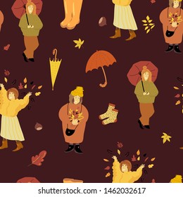 Collection Autumn Seamless Pattern. Cute autumn cartoon girls, fall backgrounds, Thanksgiving texture. Hand drawn natural illustration, design invitation