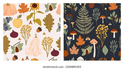 Collection of autumn seamless pattern. Fall leaves, harvest, wild flowers, mushrooms, plants. Editable vector illustration