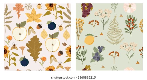Collection of autumn seamless pattern. Fall leaves, harvest, wild flowers, mushrooms, plants. Editable vector illustration