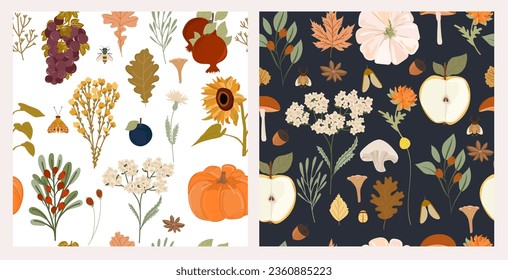 Collection of autumn seamless pattern. Fall leaves, harvest, wild flowers, mushrooms, plants. Editable vector illustration