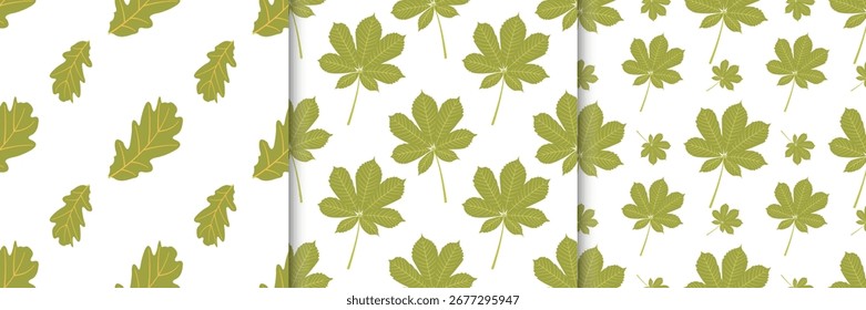 Collection of autumn seamless patterns with green leaves in flat style. Fall harvest vector illustration for banners and social media posts, prints