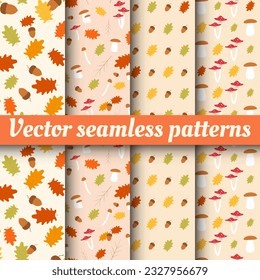 Colección de patrones de otoño sin costura con hojas y bellotas.