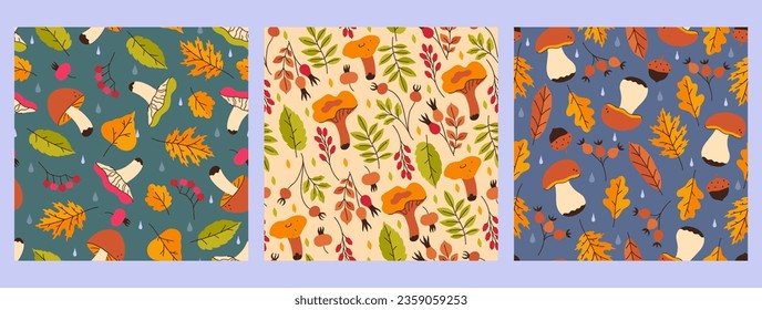 Collection of autumn seamless patterns with mushrooms, berries and leaves. Vector graphics.