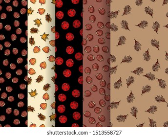Collection of autumn seamless patterns. Set of leaves and fall elements decoration background tiles
