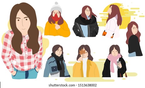 Collection autumn season of cute girl characters set style with colorful background pink and yellow tone, for banner, infographic, design for ui, ux, website or publisher, flat vector, easy to adjust.