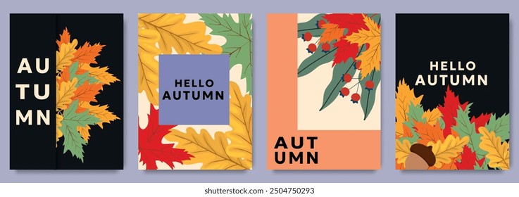 Collection of autumn season design poster template with minimalist design, vibrant leaves, and berries in text background. Leaves and Foliage. Autumn background, cover, sale banner, flyer, advertising