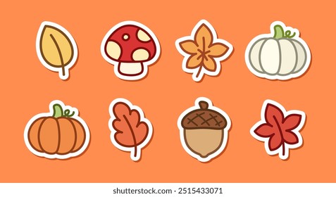 Collection of autumn sticker cartoon, fall thanksgiving season elements. Vector illustration.