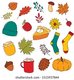 Collection of autumn stickers. Set of cute autumn cartoon illustrations. Fall season. Vector icon, different autumn elements. Fall leaves, foliage, pumpkin, berries, honey, pie. Happy Thanksgiving Day