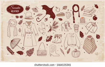 Collection of autumn style doodles on vintage background. Fashion illustration of autumn outfit.