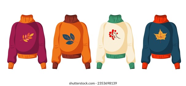 Collection of autumn sweaters.Multicolored sweaters with autumn leaves.Vector illustration isolated on a white background.