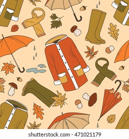 Collection of autumn symbols, seamless pattern vector. Hand drawn icon set. Doodle background with sketch objects 
