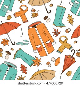 Collection of autumn symbols, seamless pattern vector. Hand drawn illustration with icon set. Doodle background with sketch objects 