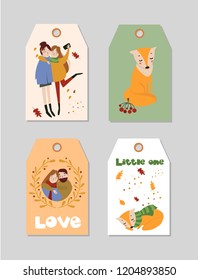 Collection of autumn tags template with hand drawn elements. Enjoy autumn. Tag, card, label, banner design set. Forest animals, couple, girls, friends