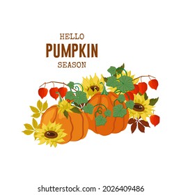 A collection of autumn themed clip arts, elements for cards, invitations, frames, etc. Design elements in the form of leaves, sunflowers, pumpkins and physalis flowers. Vector illustration.