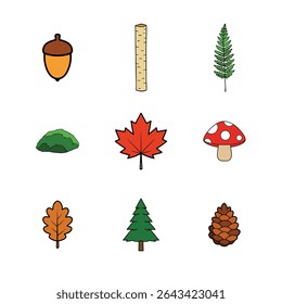 A collection of autumn themed elements are isolated on a white background. The elements include an acorn, birch branch, fern, moss, maple leaf, mushroom, oak leaf, fir tree, and pinecone.
