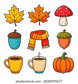 Collection of autumn themed objects including leaves mushrooms acorn pumpkin and hot beverages perfect for fall seasonal imagery.