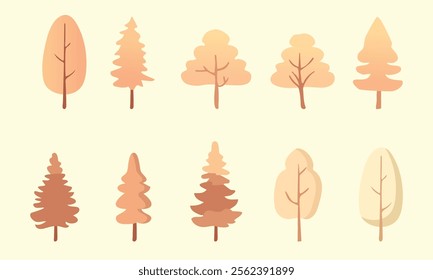 A collection of autumn trees, featuring pine trees, with colorful leaves in vibrant autumn shades, perfect for nature inspired designs.