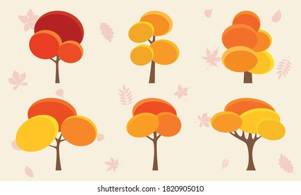 Collection Of Autumn Trees, isolated. Simple collection of autumn trees of different shapes. Colorful garden tree, autumnal garden bush and fall season tree leaves. Vector illustration icons set.