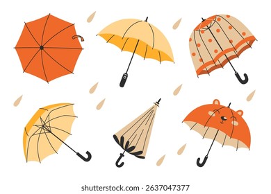 Collection of autumn umbrellas with raindrops in yellow and orange colours. Flat vector set on white background