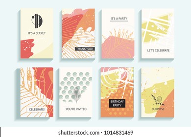 Collection of autumn universal trendy cards. Hand Drawn textures. Modern Graphic Design for banner, poster, card, cover, invitation, brochure, flyer. Vector isolated illustration.