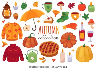 Colección de las Ilustraciones vectoriales de otoño. Calabazas, suéter de punto, pastel, paraguas, velas, calcetines, tetera, tazas, lámpara, manzana, bellota, champiñón, 
Vino, hojas de otoño. Octubre, otoño. Acogedor otoño.