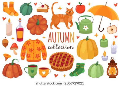 Colección de las Ilustraciones vectoriales de otoño. Calabazas, gato, suéter de punto, pastel, paraguas, velas, calcetines, tetera, tazas, lámpara, manzana, bellota, champiñón, vino. Octubre, otoño. Acogedor otoño.