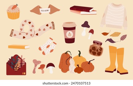 Collection of autumn vibe stickers cozy elements like sweaters, scarves, books, coffee, and pumpkins, perfect for seasonal projects and decorations