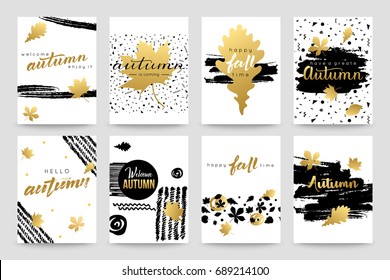 Collection of autumn watercolor hand lettering typography flyer template. Vector illustration