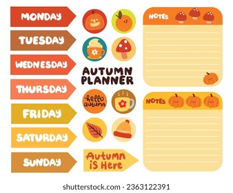 collection of autumn weekly and daily planner sticker, notes, to do list, with lettering and cute icon. template for agenda, check list, stationery