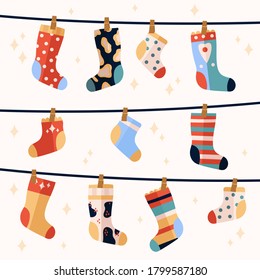Collection of autumn and winter stylish cotton and woolen socks with different textures isolated on white background. Bundle of trendy clothing items. Flat Design Colorful Socks Set Vector Illustratio
