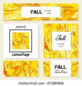 Collection autumn woodland camouflage background. Set of business cards, vector illustration. Military camouflage texture with trees, grass and spots watercolor.