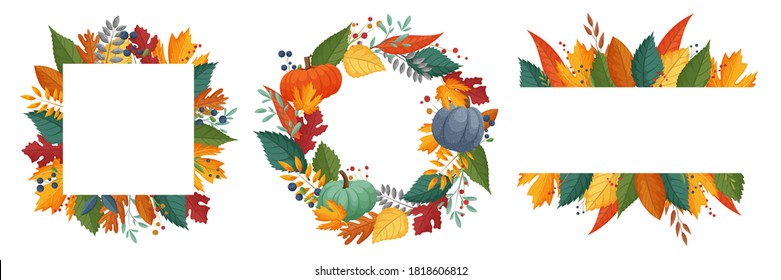 Collection of autumn wreaths with colorful leaves. Modern design for poster, banner, greeting card, postcard, packaging, print. Vector illustration.