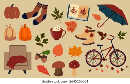 A collection of autumnal elements. A cozy and comfortable lifestyle, with a winter and autumn vibe. Flat vector illustration, isolated on a light background.