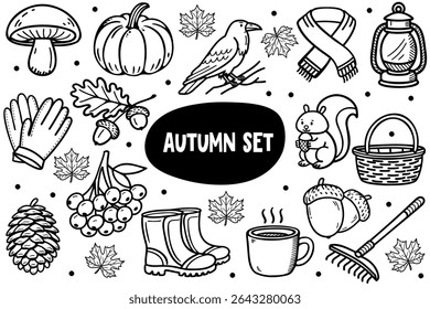 A collection of autumn-themed illustrations including a pumpkin, acorns, a squirrel, gloves, boots, and leaves. The design features various seasonal elements.